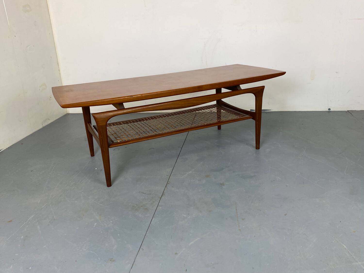 Mid-Century Danish Teak and Rattan Scandinavian Coffee Table, 1950s