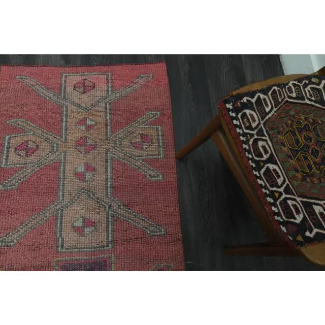 1970s Vintage Turkish Handmade Wool & Cotton Pink Runner Rug 76x344