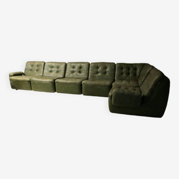 Patchwork modular sofa set in olive green patinated leather, 1970