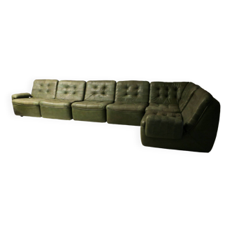 Patchwork modular sofa set in olive green patinated leather, 1970