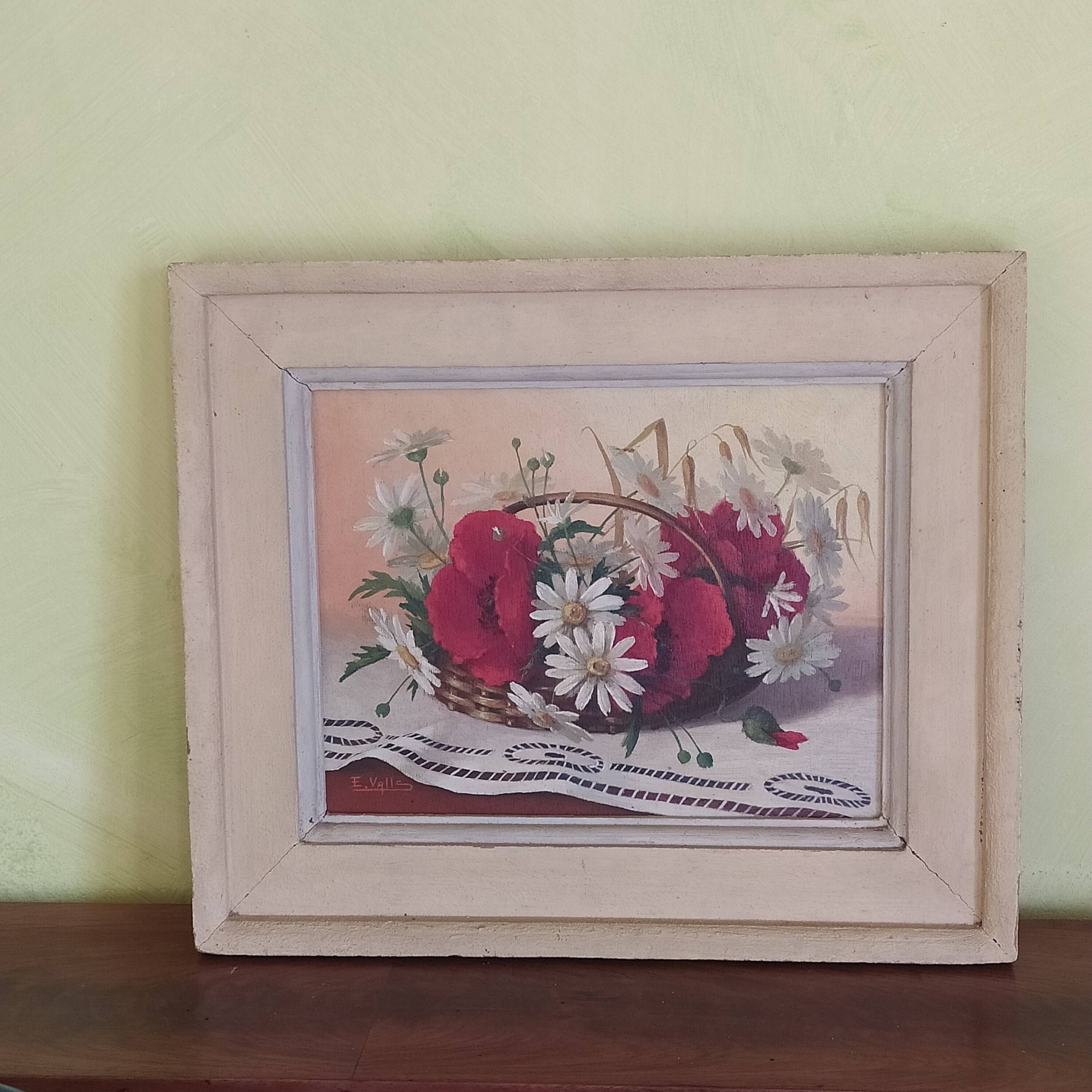 oil on panel bouquet of poppies and daisies Ernesto Valls