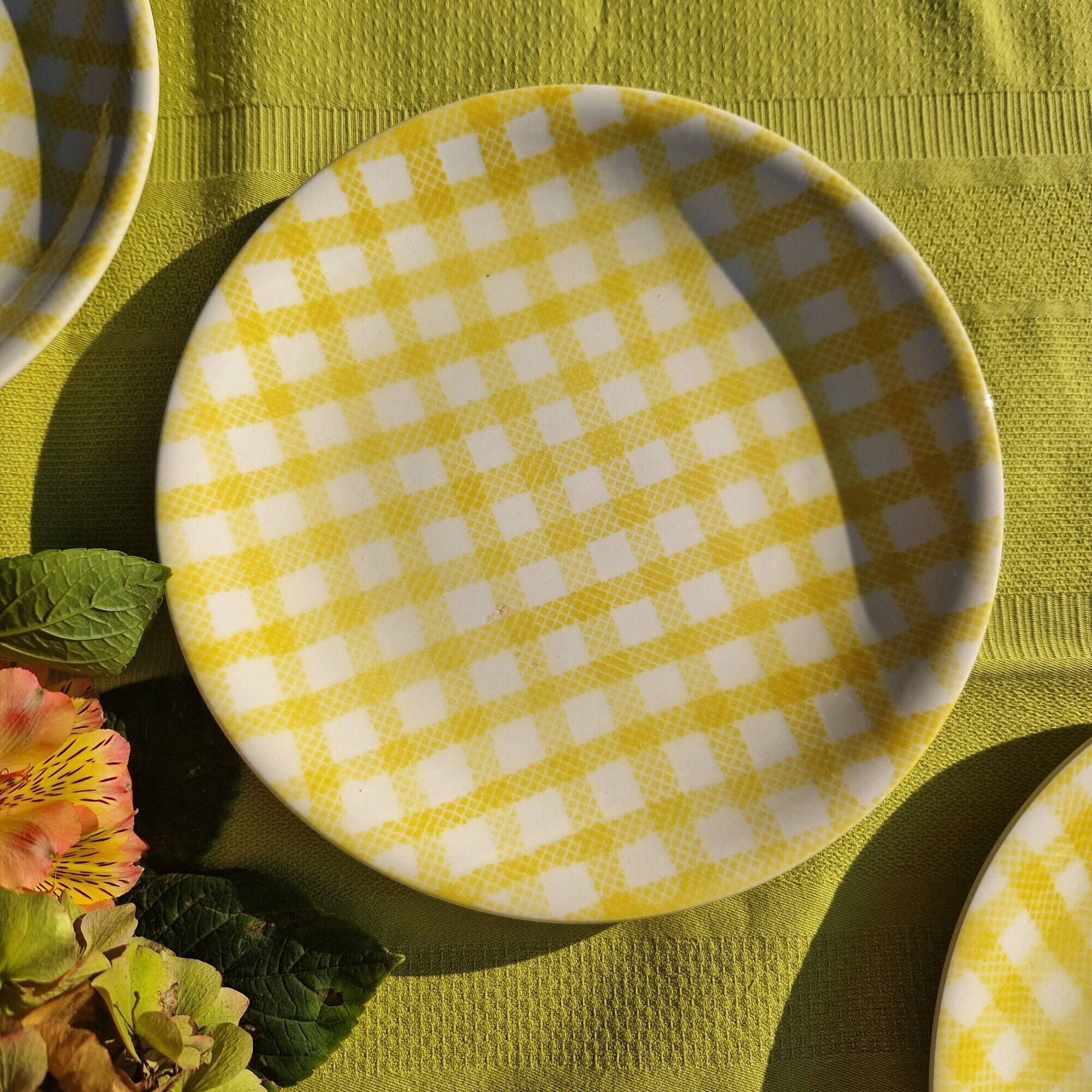 Set of 5 salins flat plates, saint raphael model, yellow checks, 24 cm, 60s