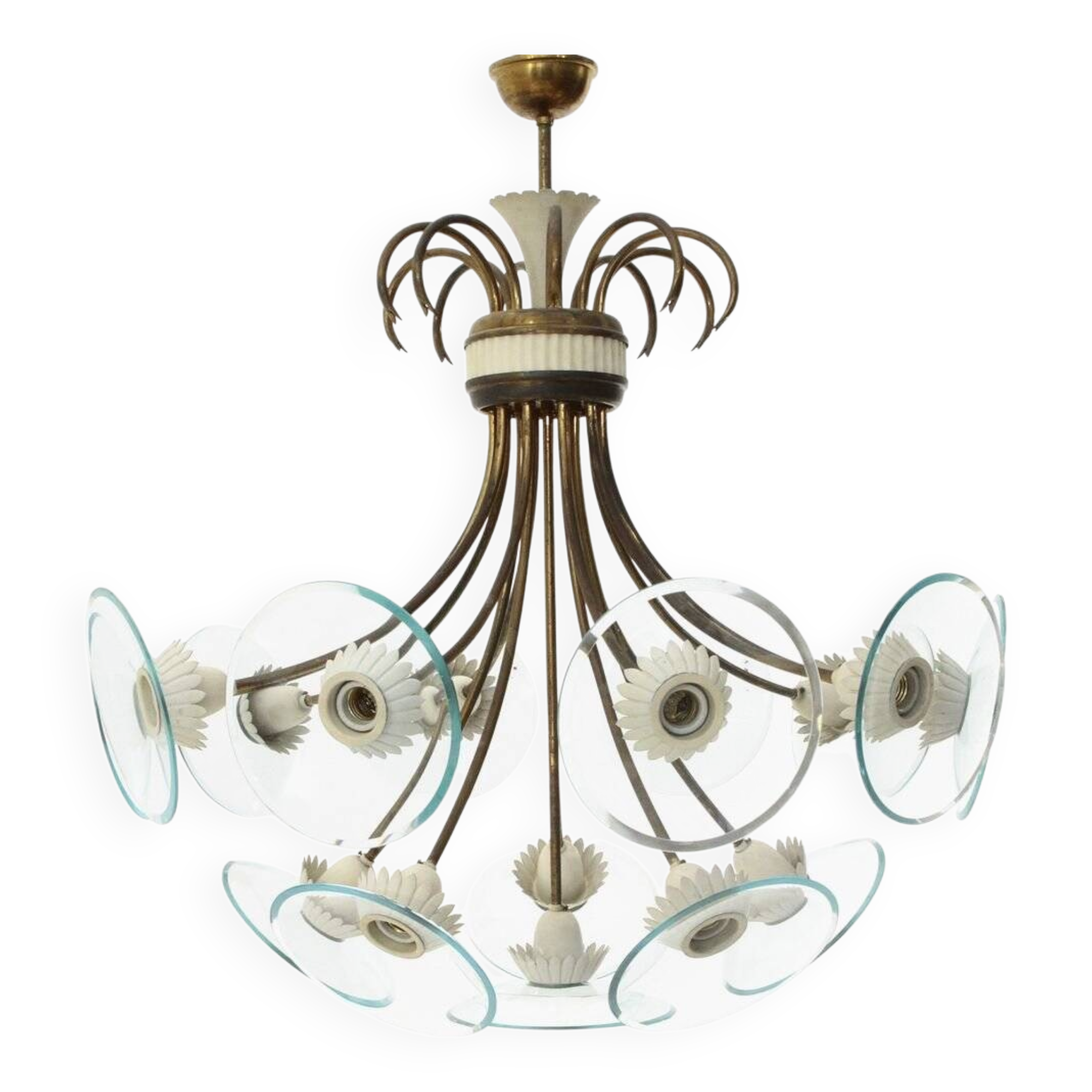 Lustre en laiton et verre avec 16 lumières, années 1950