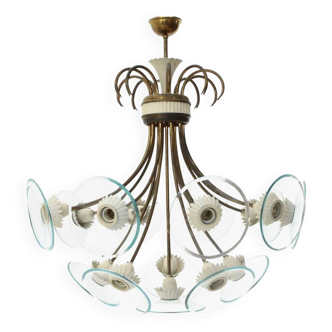 Brass and glass chandelier with 16 lights, 1950s.