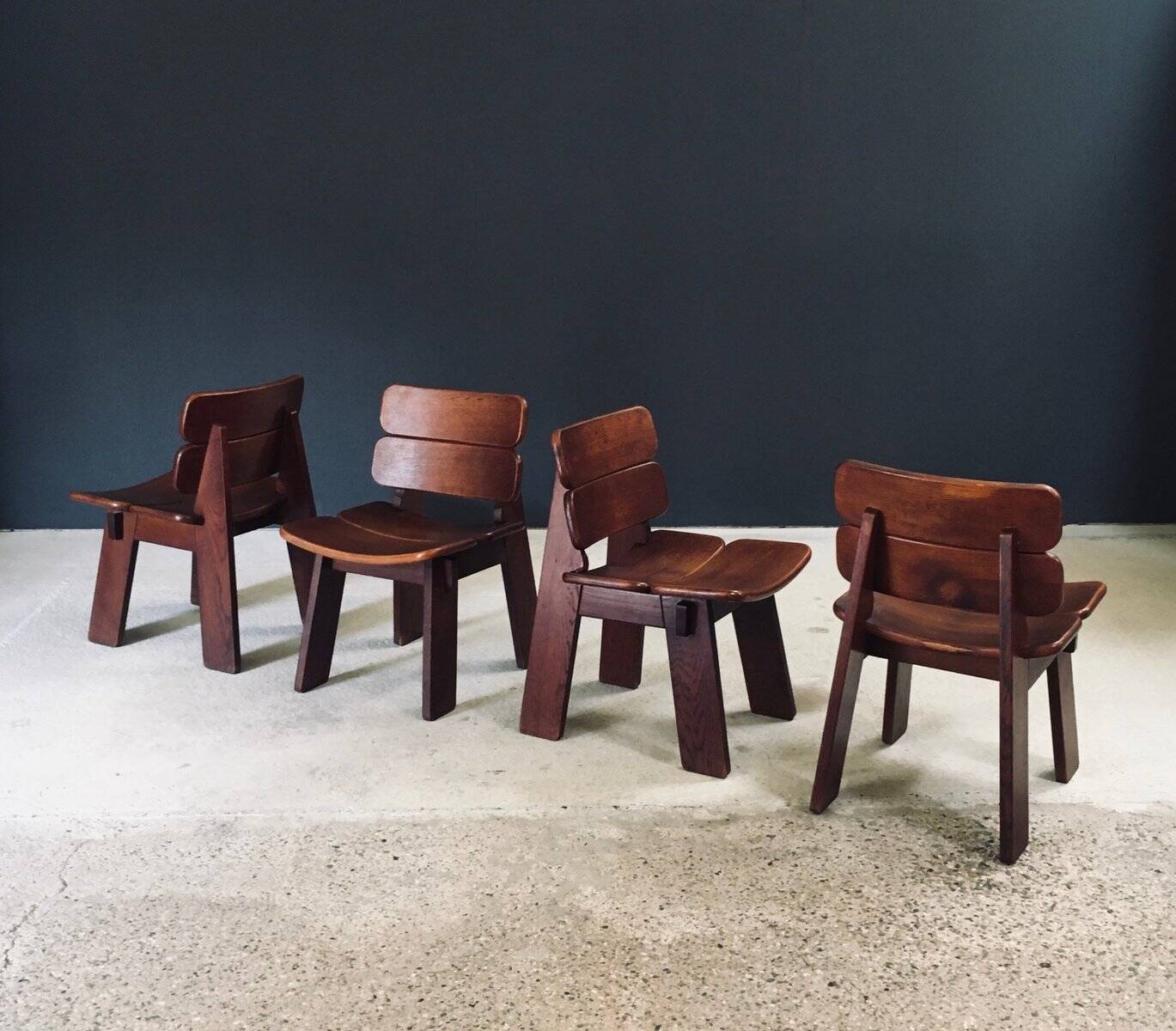 Constructivist Oak Dining Chairs, Belgium, 1960s, Set of 4