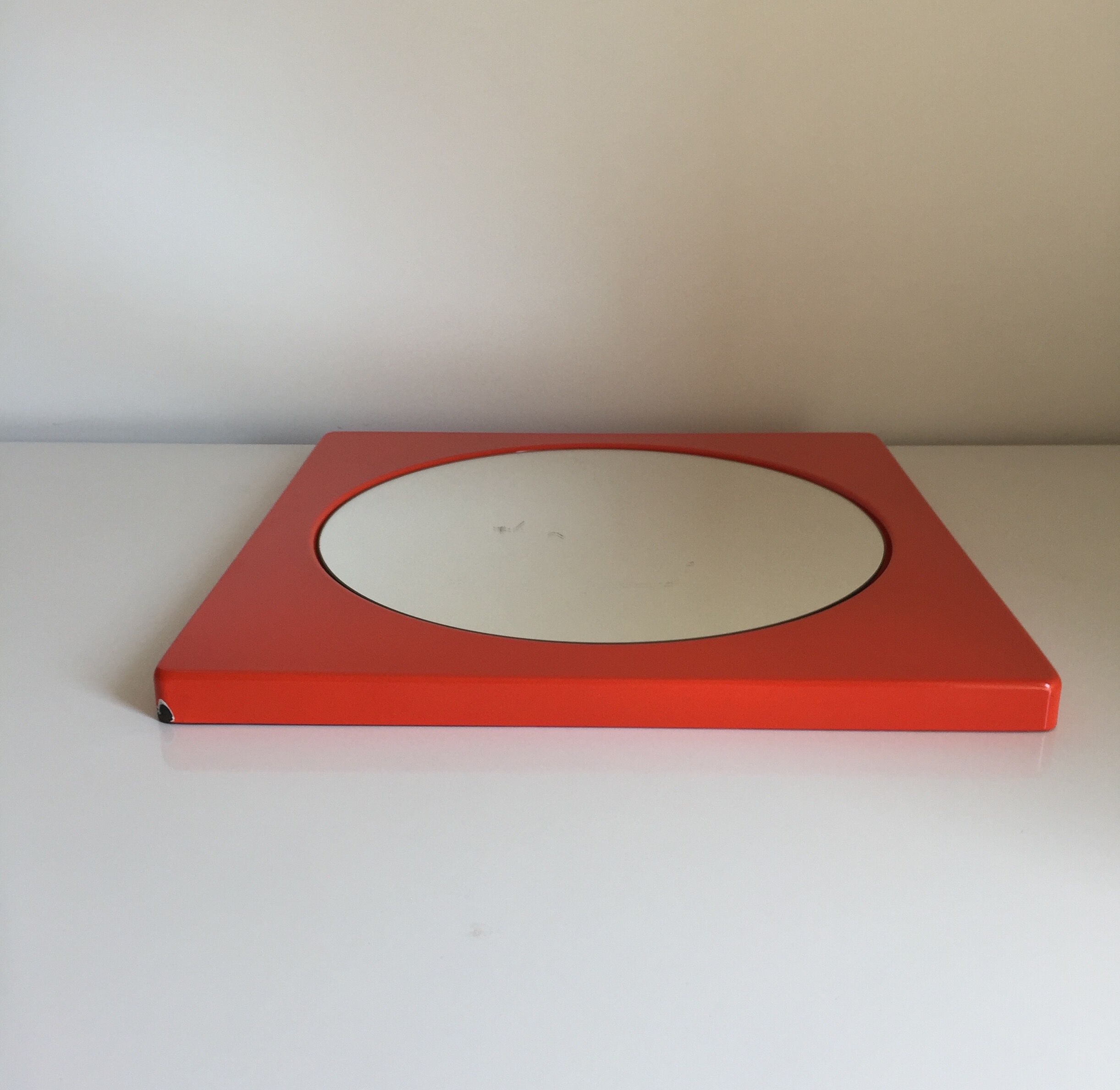 Vintage round mirror, enamelled metal square frame, 1970