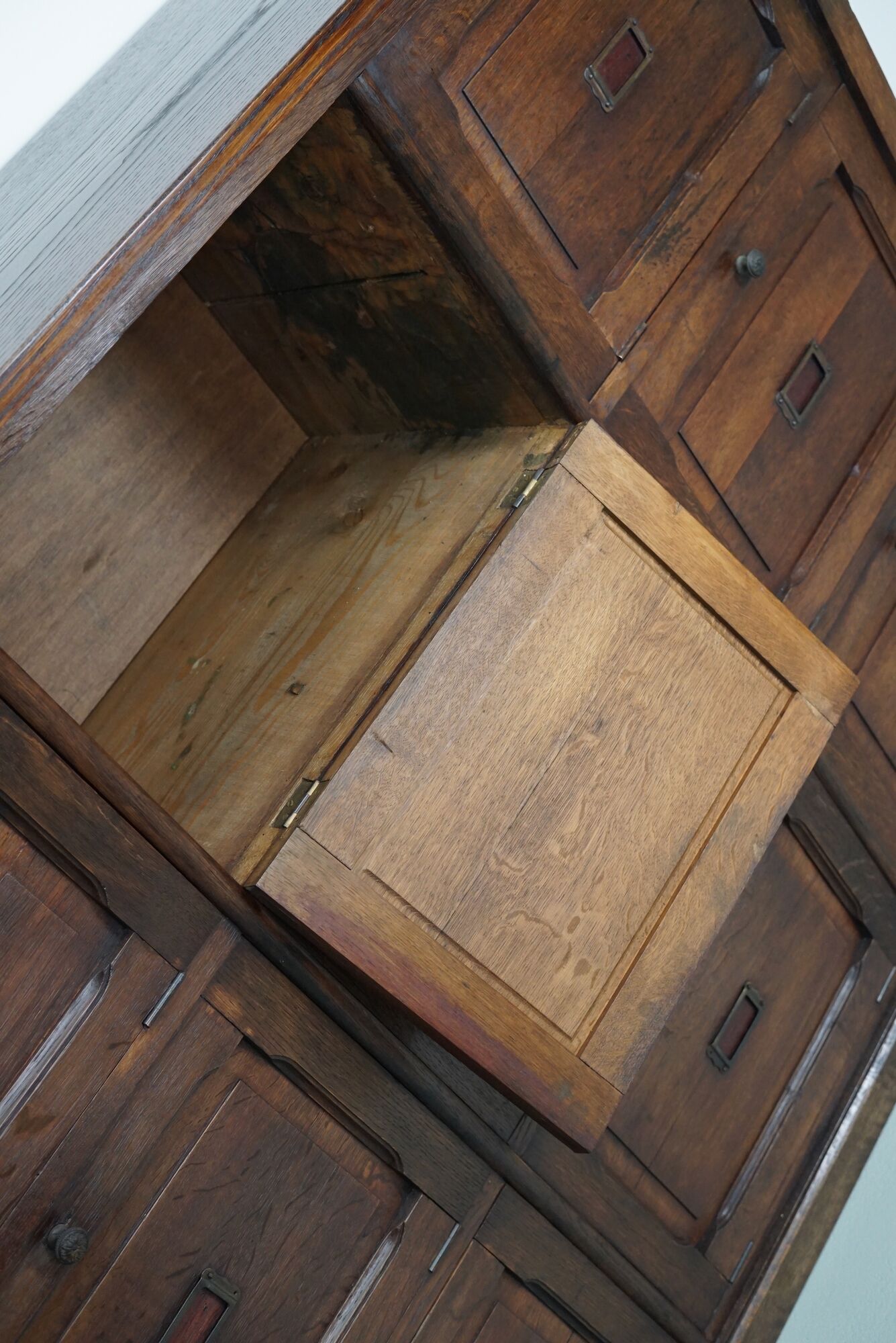 Antique french oak apothecary / filing cabinet folding doors, late 19th century