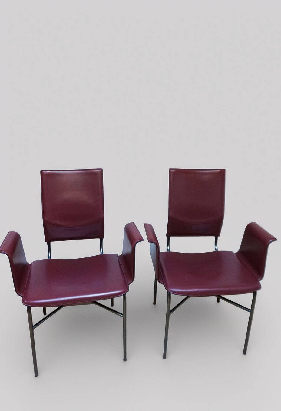 Ross Littell for Matteo Grassi Armchairs Bordeaux Leather & Steel, set of 2