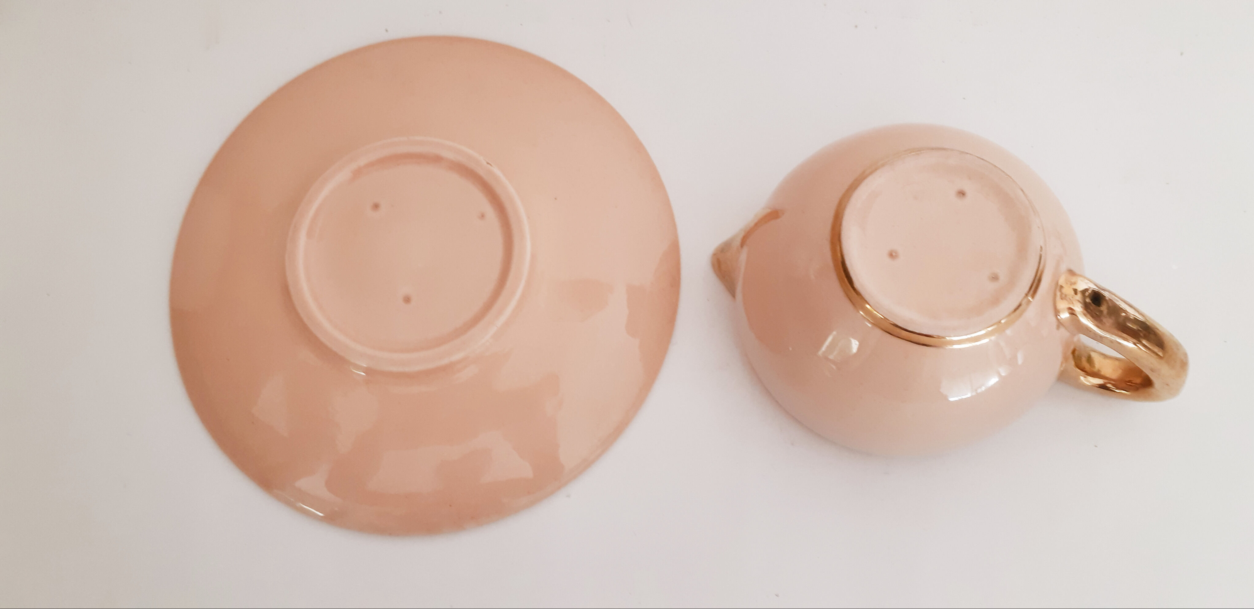 Cup pourer in pink and gold earthenware, vintage