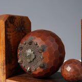 Pair of Art Deco faceted ball bookends in oak with metal decorations