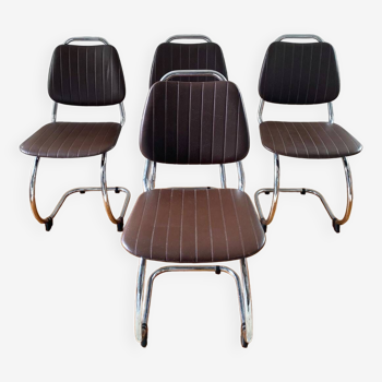Set de 4 chaises cantilever pied traineau chromée vintage 1970