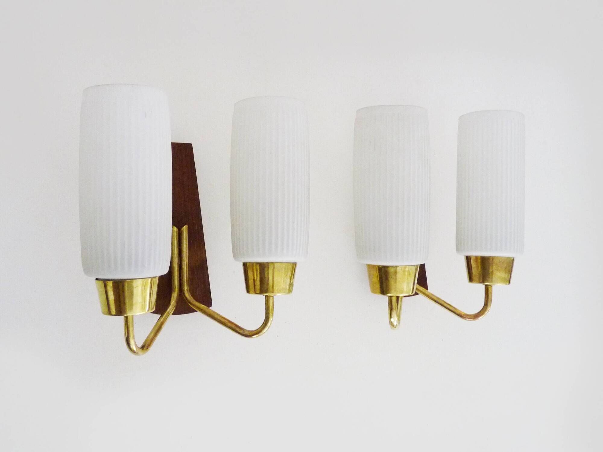Pair of Scandinavian wall sconces in teak, brass and opaline glass globe