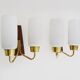 Pair of Scandinavian wall sconces in teak, brass and opaline glass globe