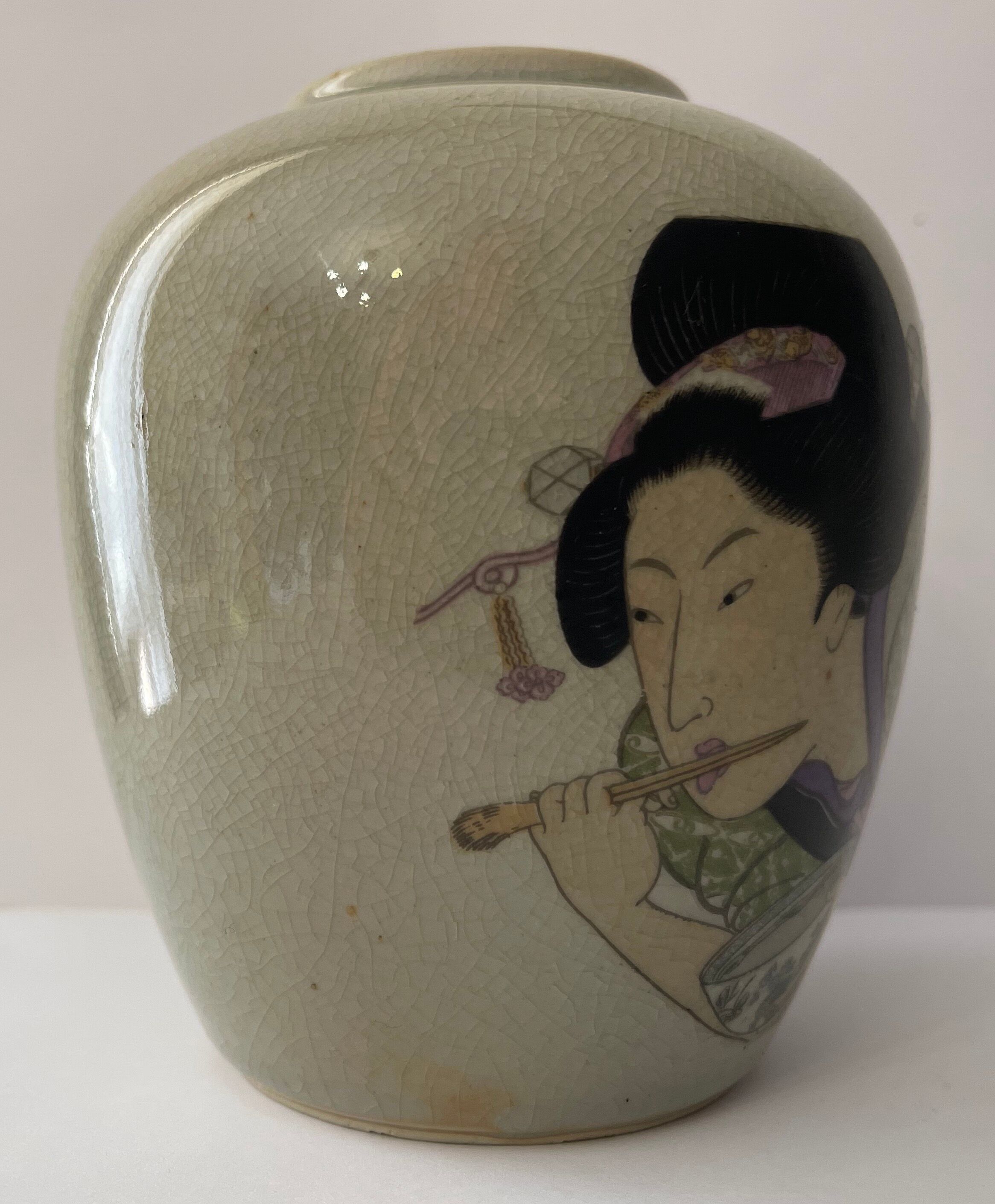 Polychrome vase and celadon XIX Naniwaya Okita Japan Nippon