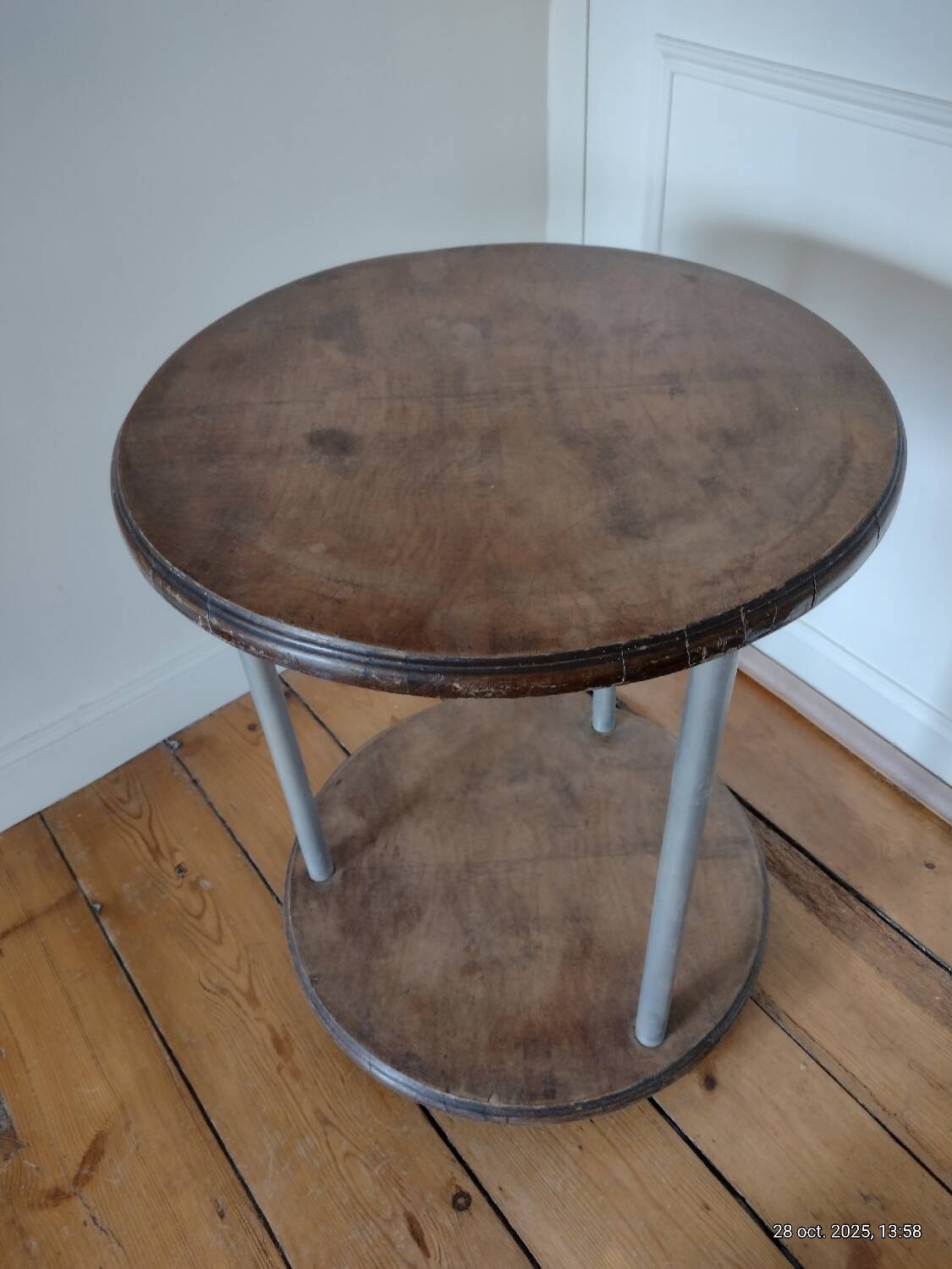 Table basse guéridon sellette vintage art déco tube métal plateau bois