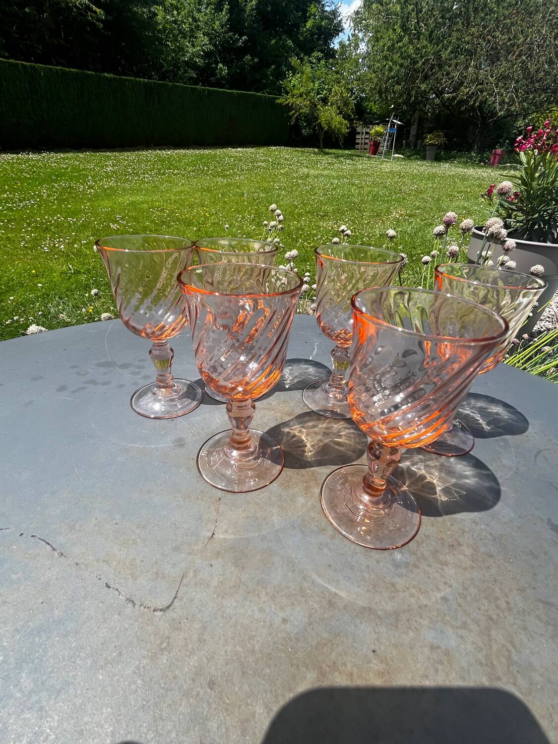 6 antique Rosaline liqueur glasses – vintage pink glass – 50s/60s