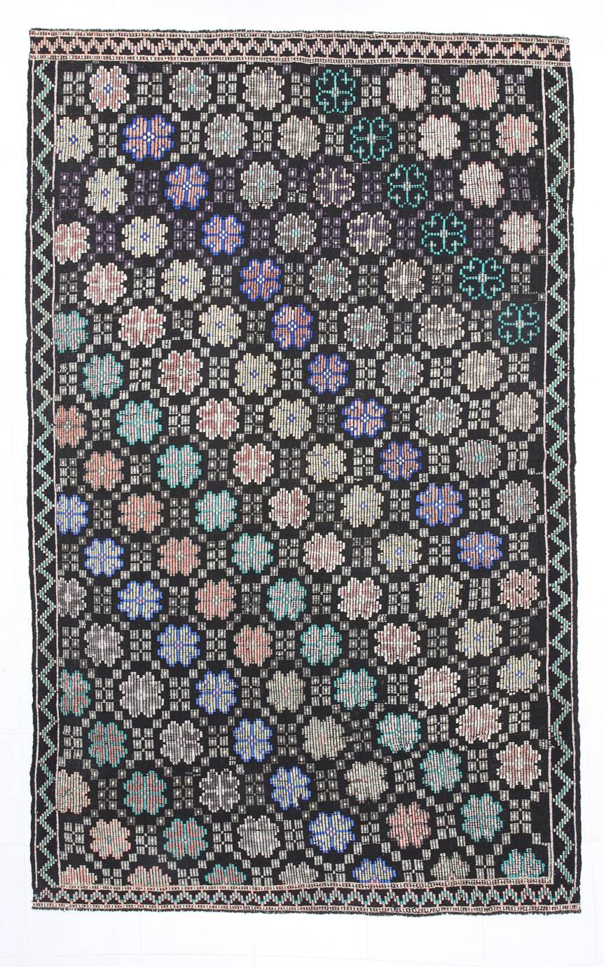 Blue & Black Handmade Wool Kilim Rug, 194x305Cm