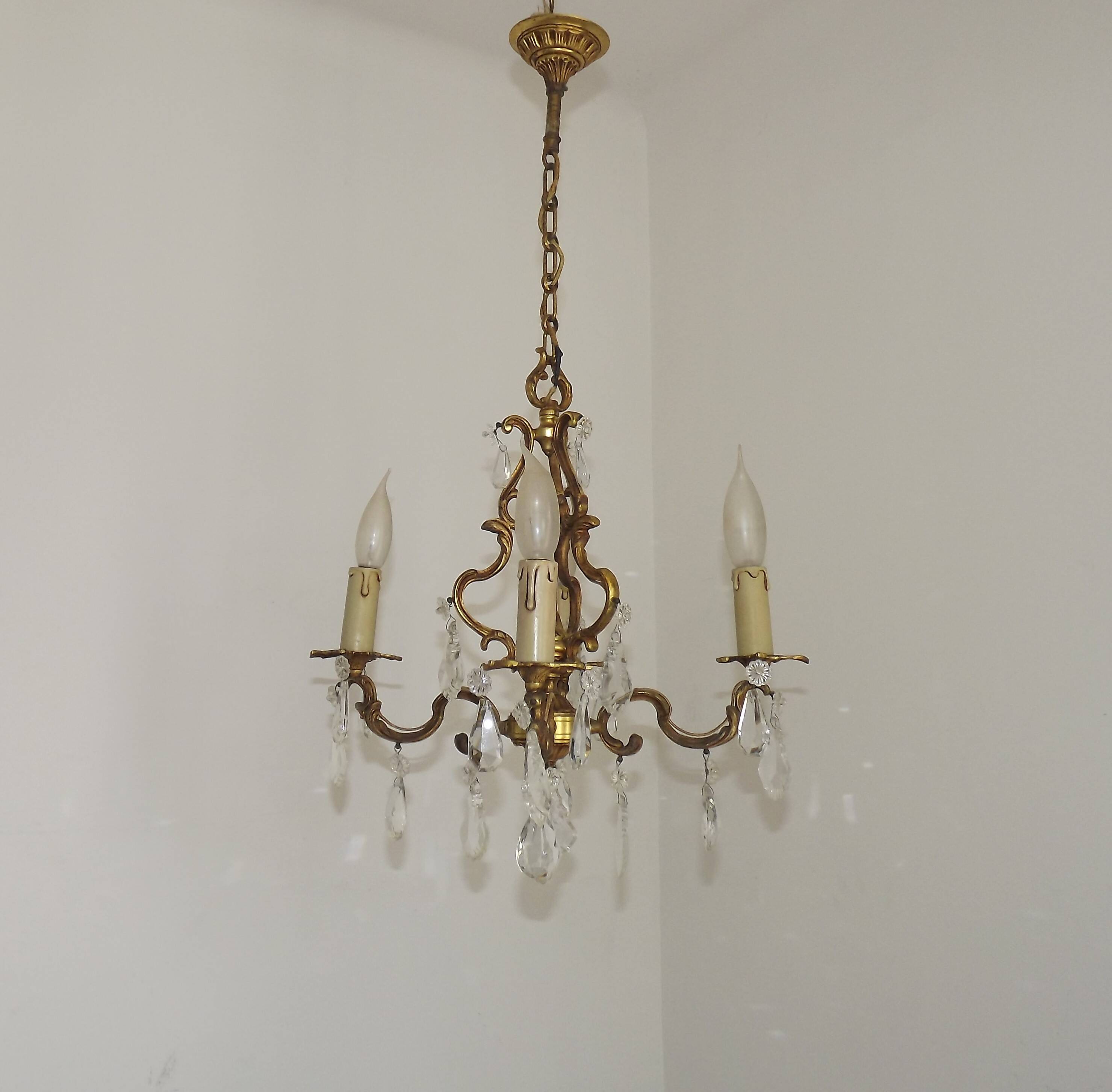 French Antique Art Nouveau 4 Light 3 Side Brass Crystal Cage Chandelier