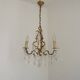 French Antique Art Nouveau 4 Light 3 Side Brass Crystal Cage Chandelier