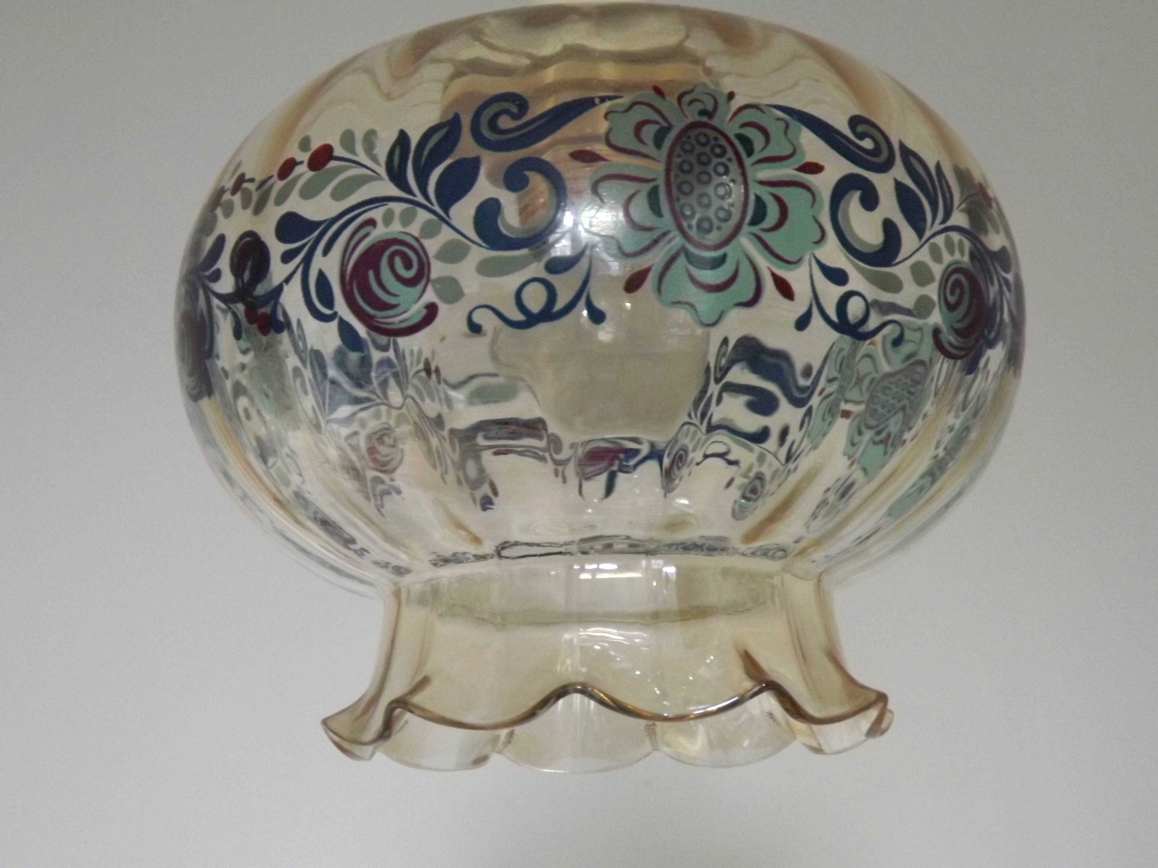 French Vintage Clear Glass Ceiling Light with Colourful Floral Decoration