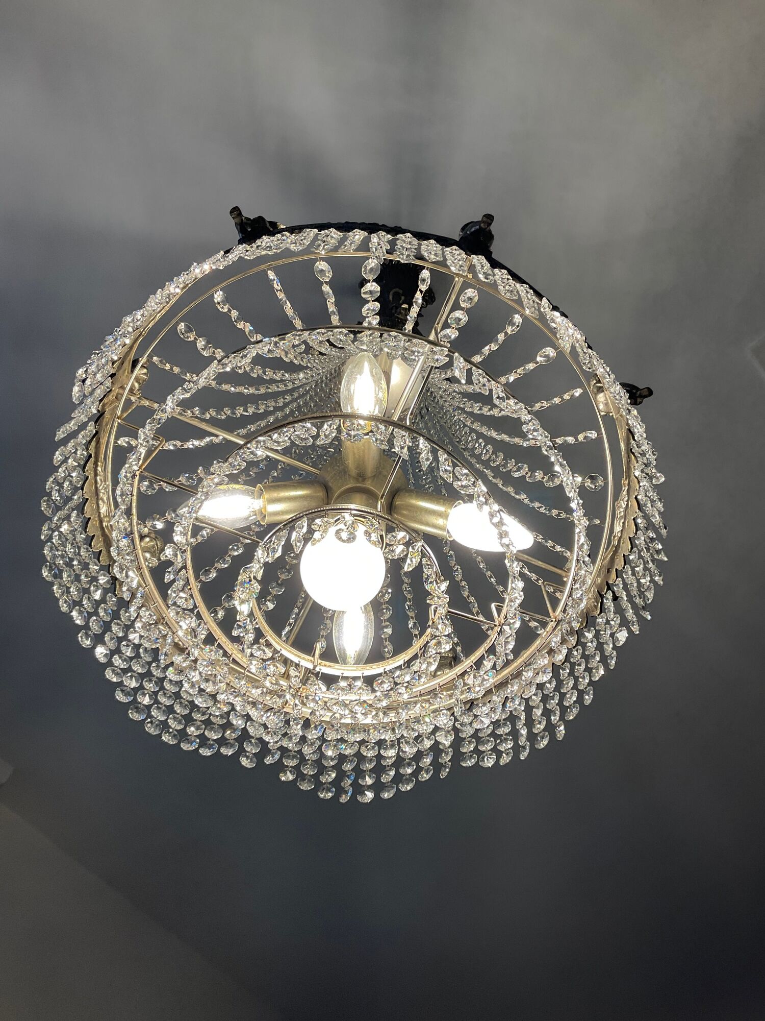 Old hot air balloon chandelier with crystal and bronze tassels