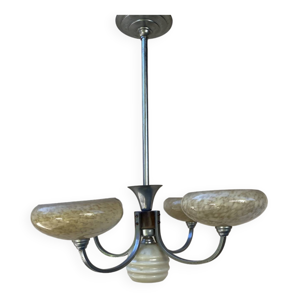 Lustre art déco opaline bois et métal