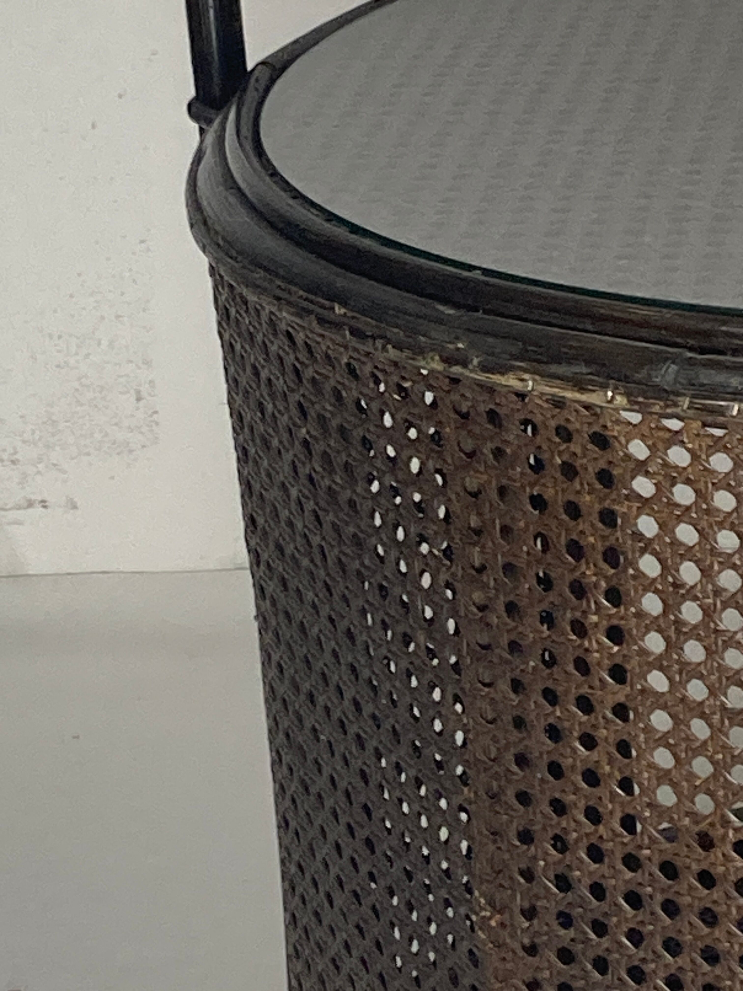 Faux bamboo rattan webbing side table with integrated hanging lamp, Dutch 1960s-1970s