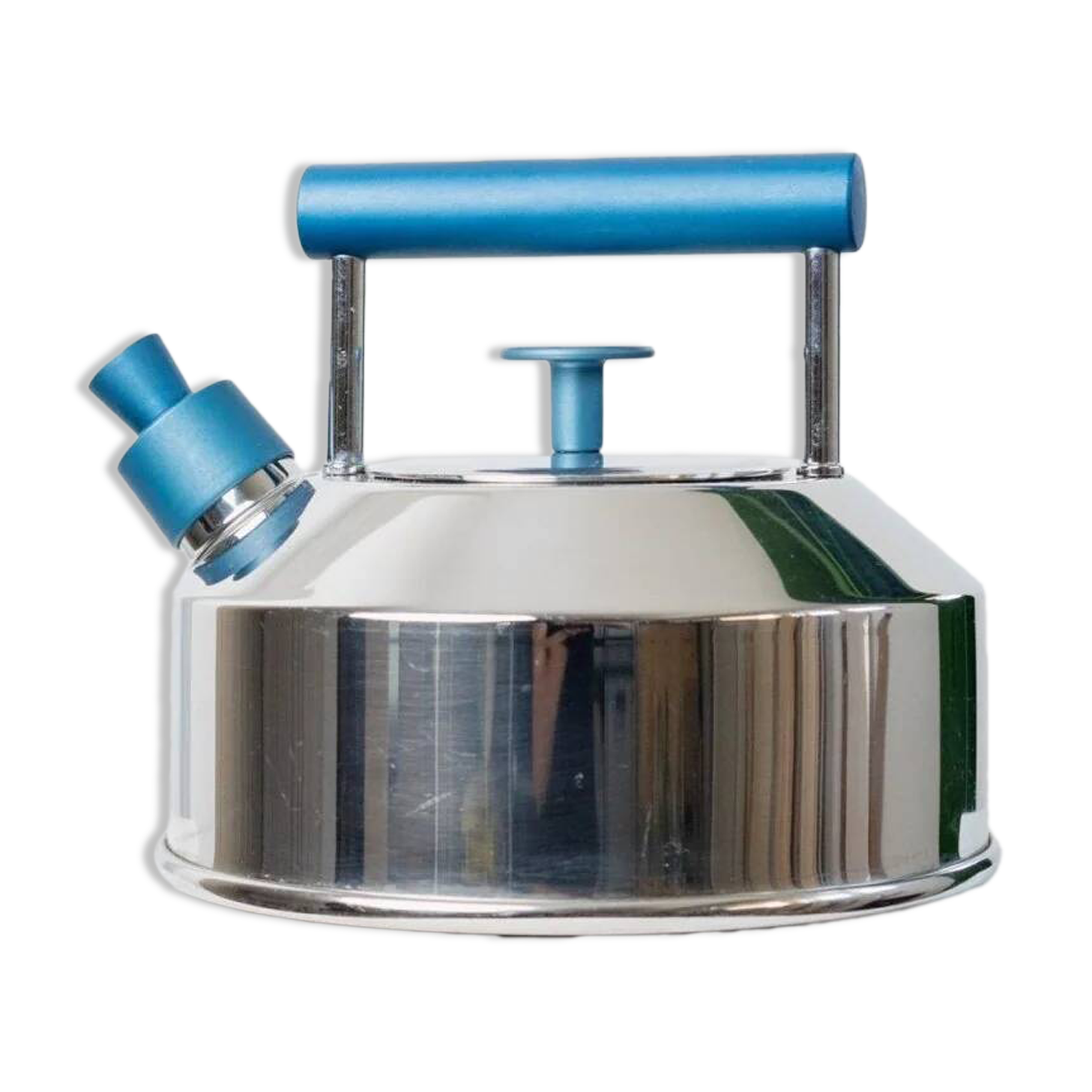 Vintage stainless steel kettle with blue accents - Italian Prandelli 1980s Memphis-inspired design by Raunkjaer Kjaergaard
