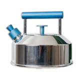 Vintage stainless steel kettle with blue accents - Italian Prandelli 1980s Memphis-inspired design by Raunkjaer Kjaergaard