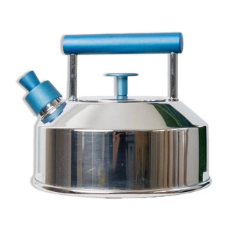 Vintage stainless steel kettle with blue accents - Italian Prandelli 1980s Memphis-inspired design by Raunkjaer Kjaergaard
