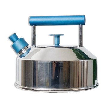Bouilloire vintage en acier inoxydable avec accents bleus - design italien Prandelli des années 1980 inspiré de Memphis par Raunkjaer Kjaergaard