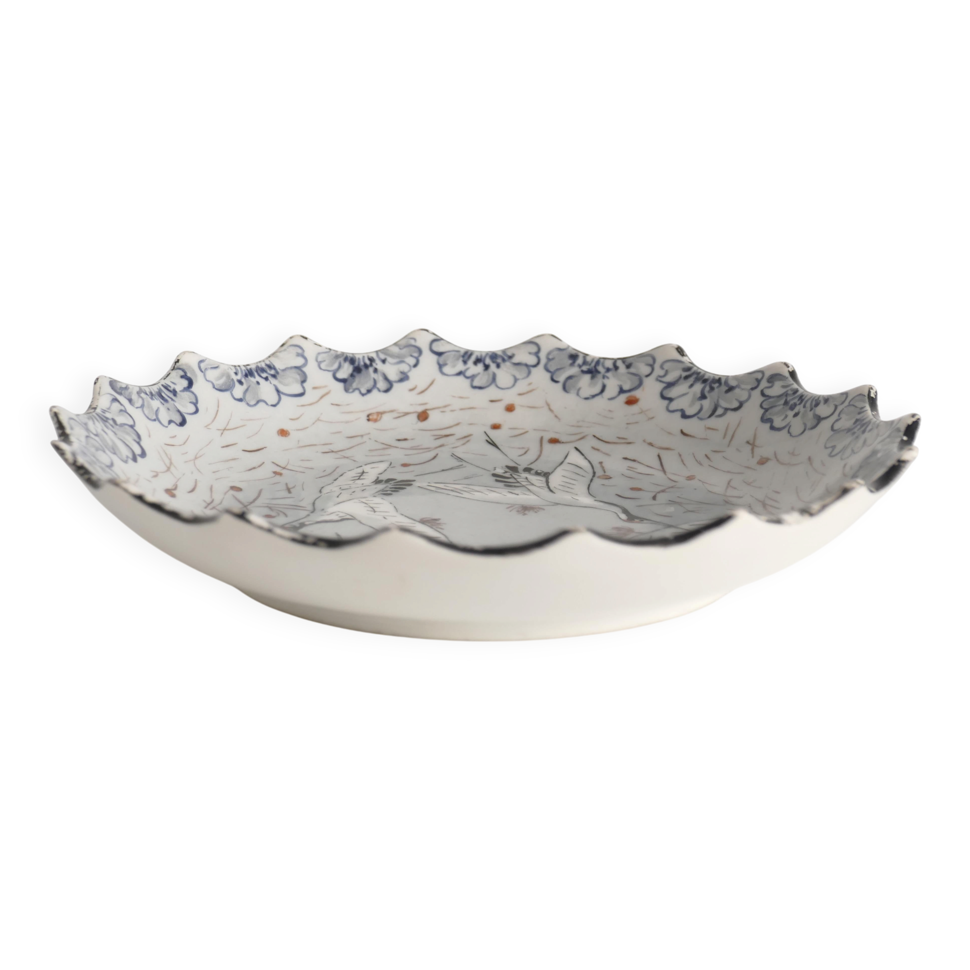 Japanese Meiji Period Light Blue Porcelain Dish with Cranes