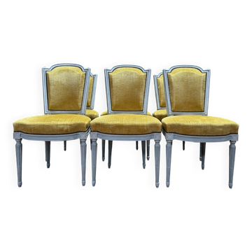 Set of 6 Louis XVI style chairs with polished wood and velvet.