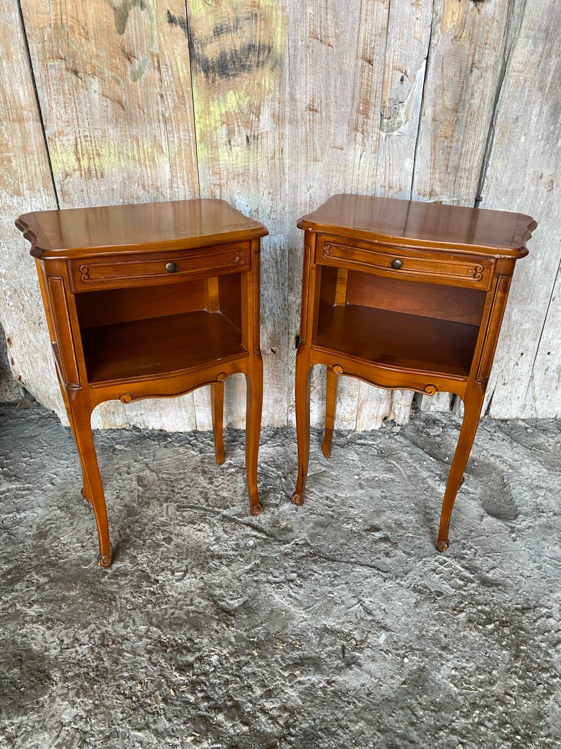 Pair of louis xv style bedside tables in cherry wood + drawer