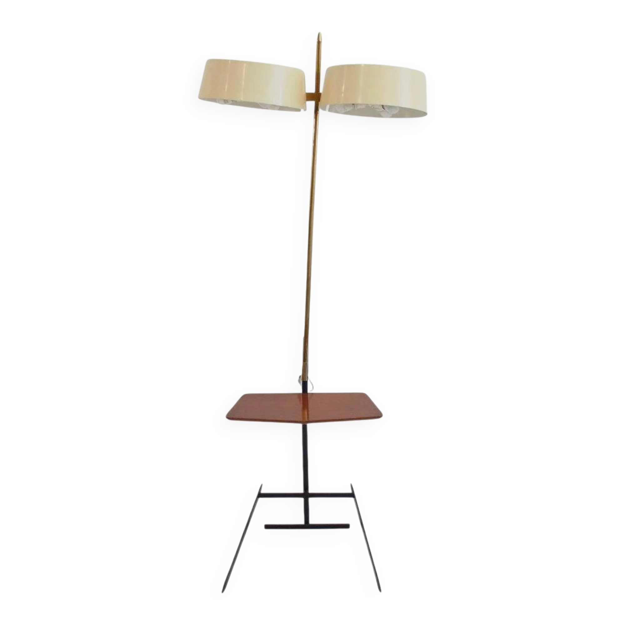 Brass and lacquered metal floor lamp with a wooden magazine shelf.