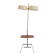 Brass and lacquered metal floor lamp with a wooden magazine shelf.