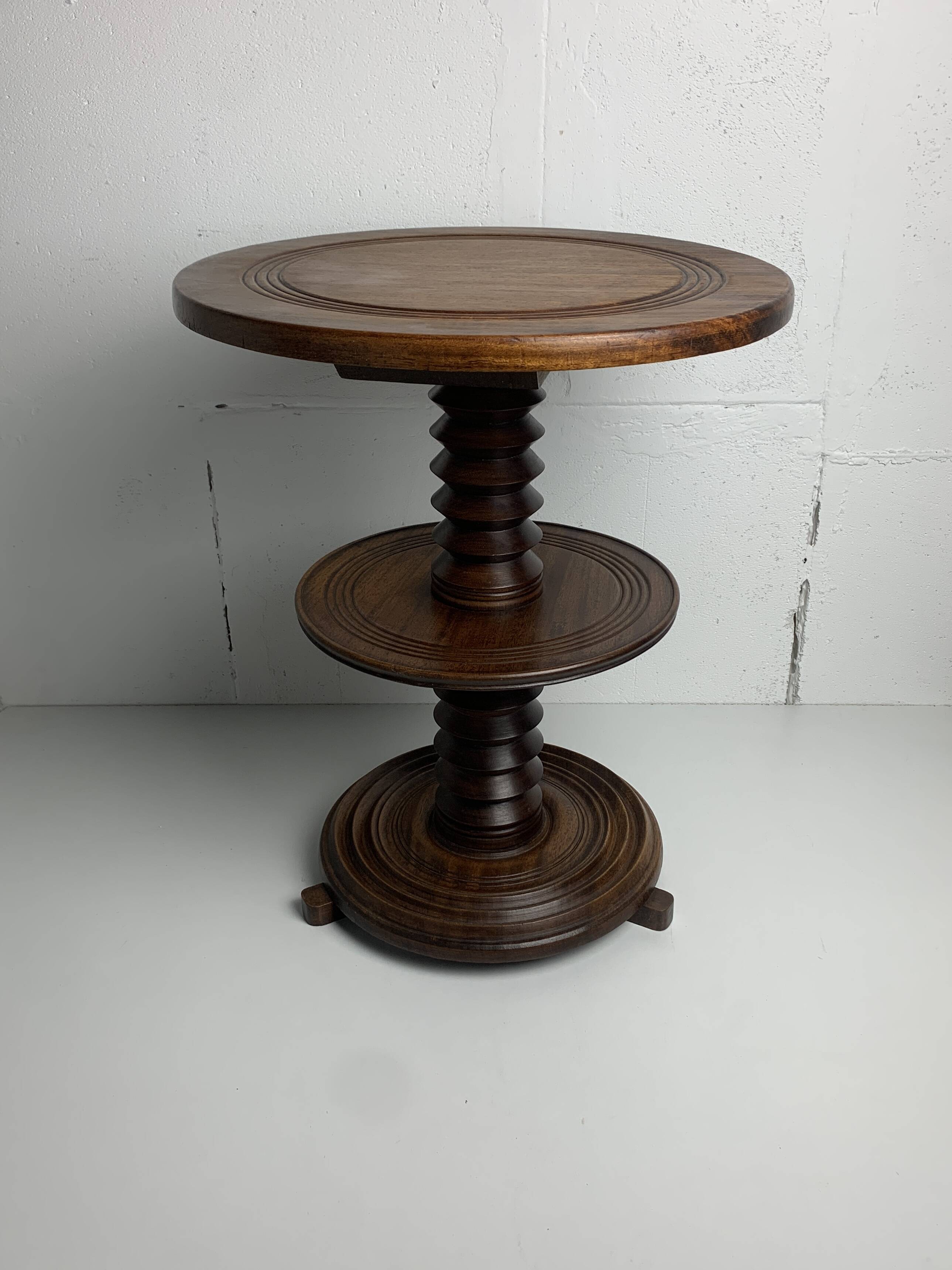 Brutalist Wood Turned Screw Press Side Table in the style of Dudouyt