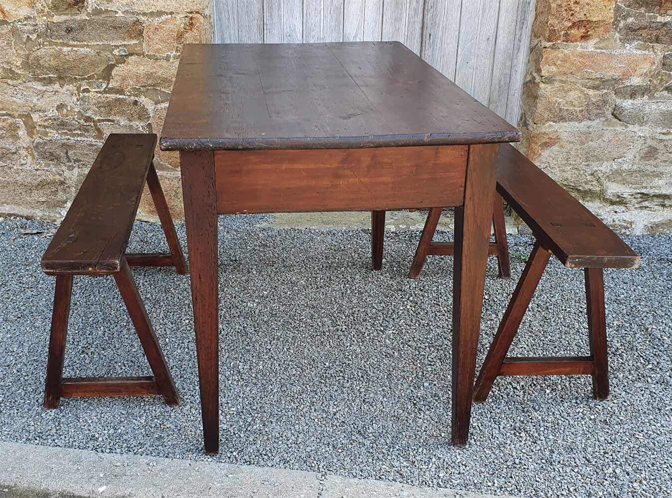 Small farm table and its two benches, vintage