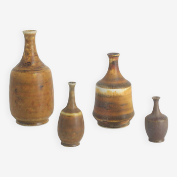 Small MidCentury Scandinavian Modern Collectible Honey Brown Stoneware Vase by Gunnar Borg, Set of 4