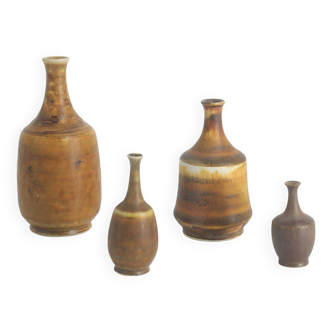Small MidCentury Scandinavian Modern Collectible Honey Brown Stoneware Vase by Gunnar Borg, Set of 4
