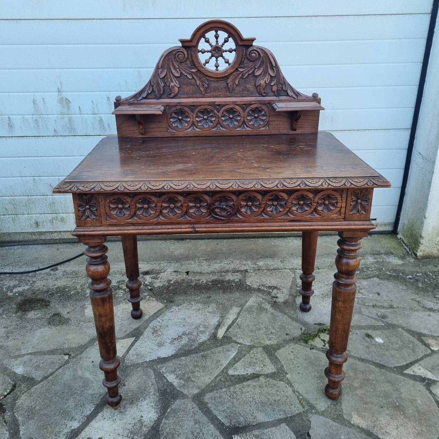 Carved oak desk from Brittany, early 20th century.