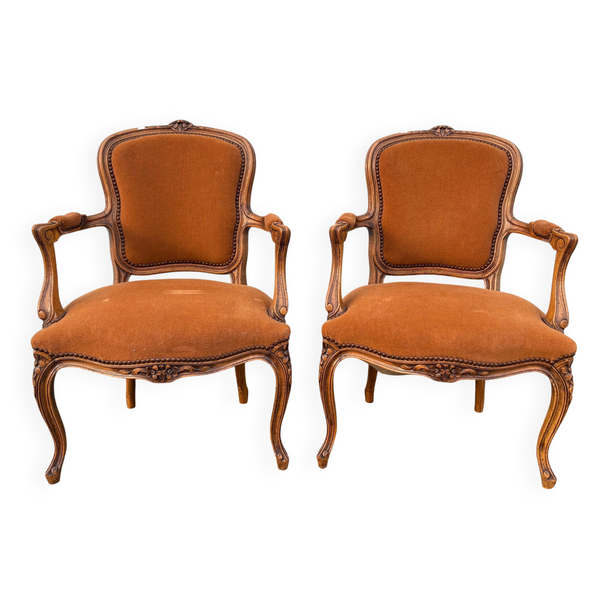 Pair of Louis XV style armchairs in ochre velvet
