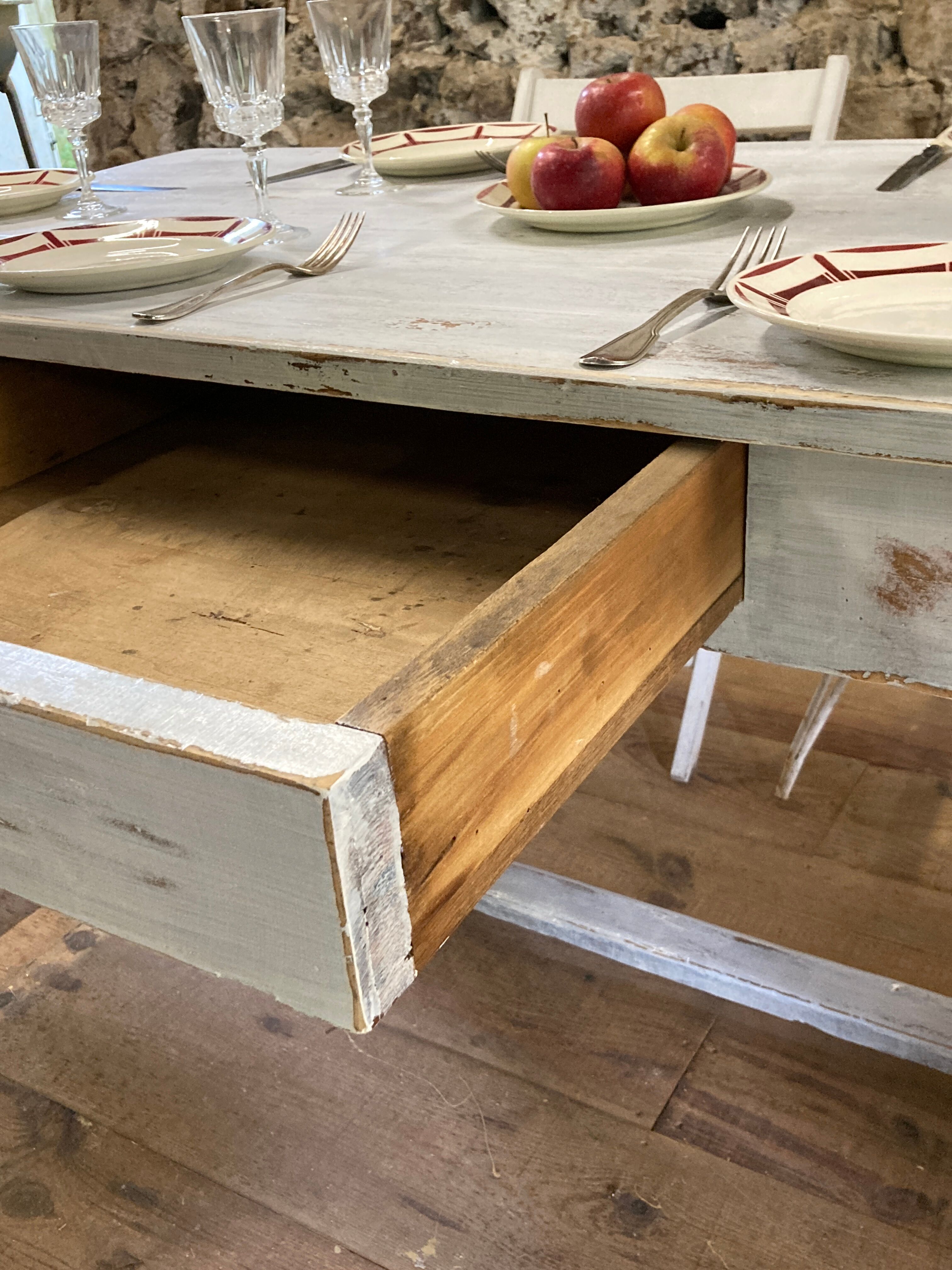 Farmhouse table 6 people white patinated in rectangular solid oak