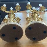 Pair of gilded bronze candlesticks, marble bases.