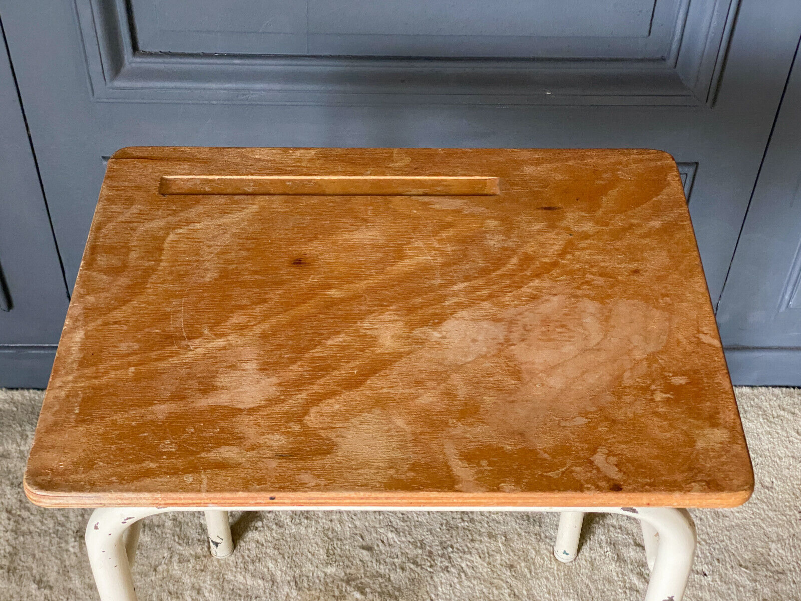 School desk 1960 white lacquered metal wooden top