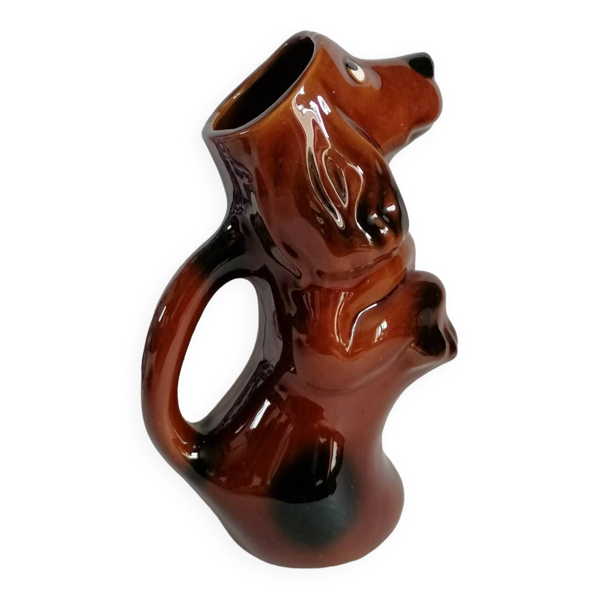 Zoomorphic dachshund dog pitcher in majolica slip