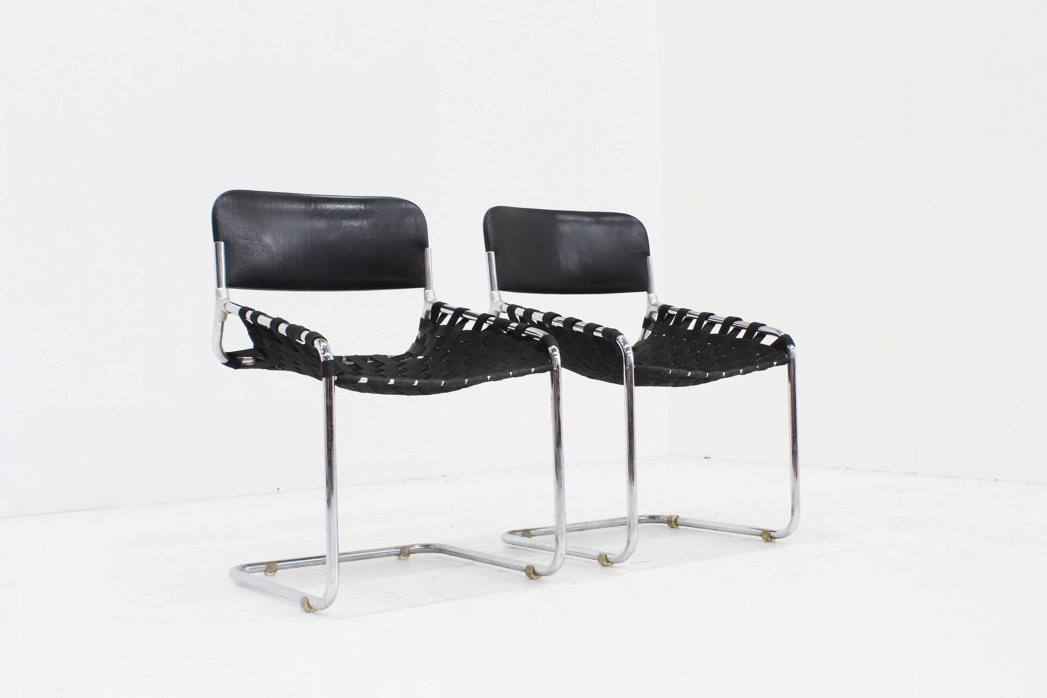 Set Vintage italian chairs black leather and chrome 1970s
