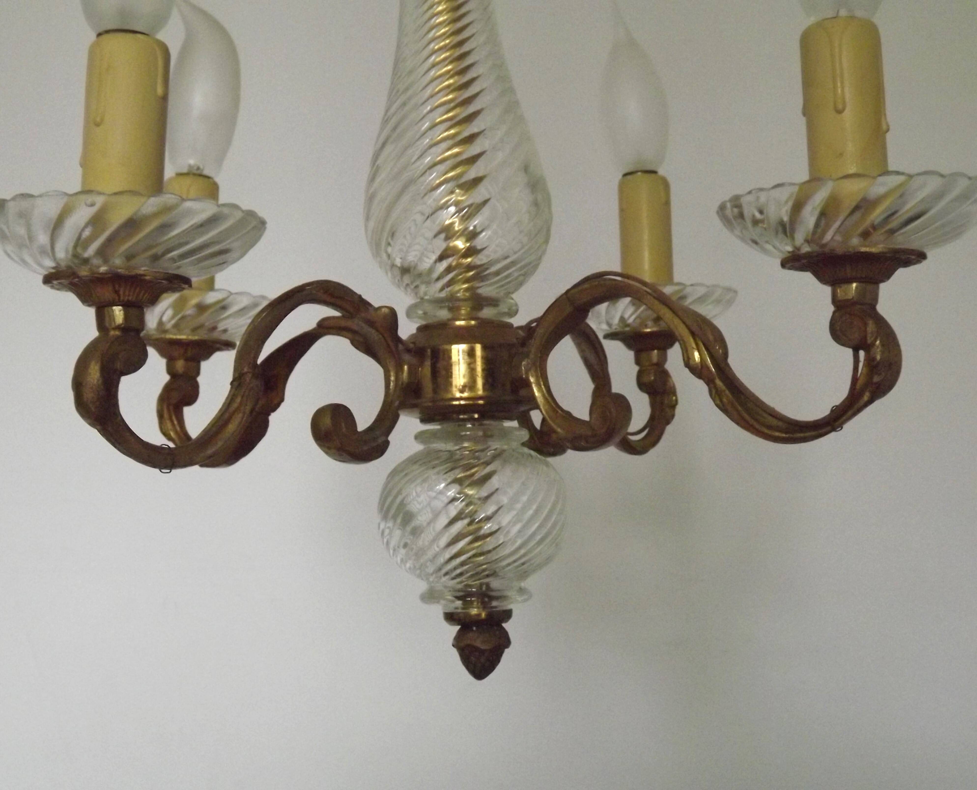 Mid-Century Bronze & Cut Glass 4-Light Chandelier with Fleur-de-Lys Detail