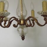 Mid-Century Bronze & Cut Glass 4-Light Chandelier with Fleur-de-Lys Detail