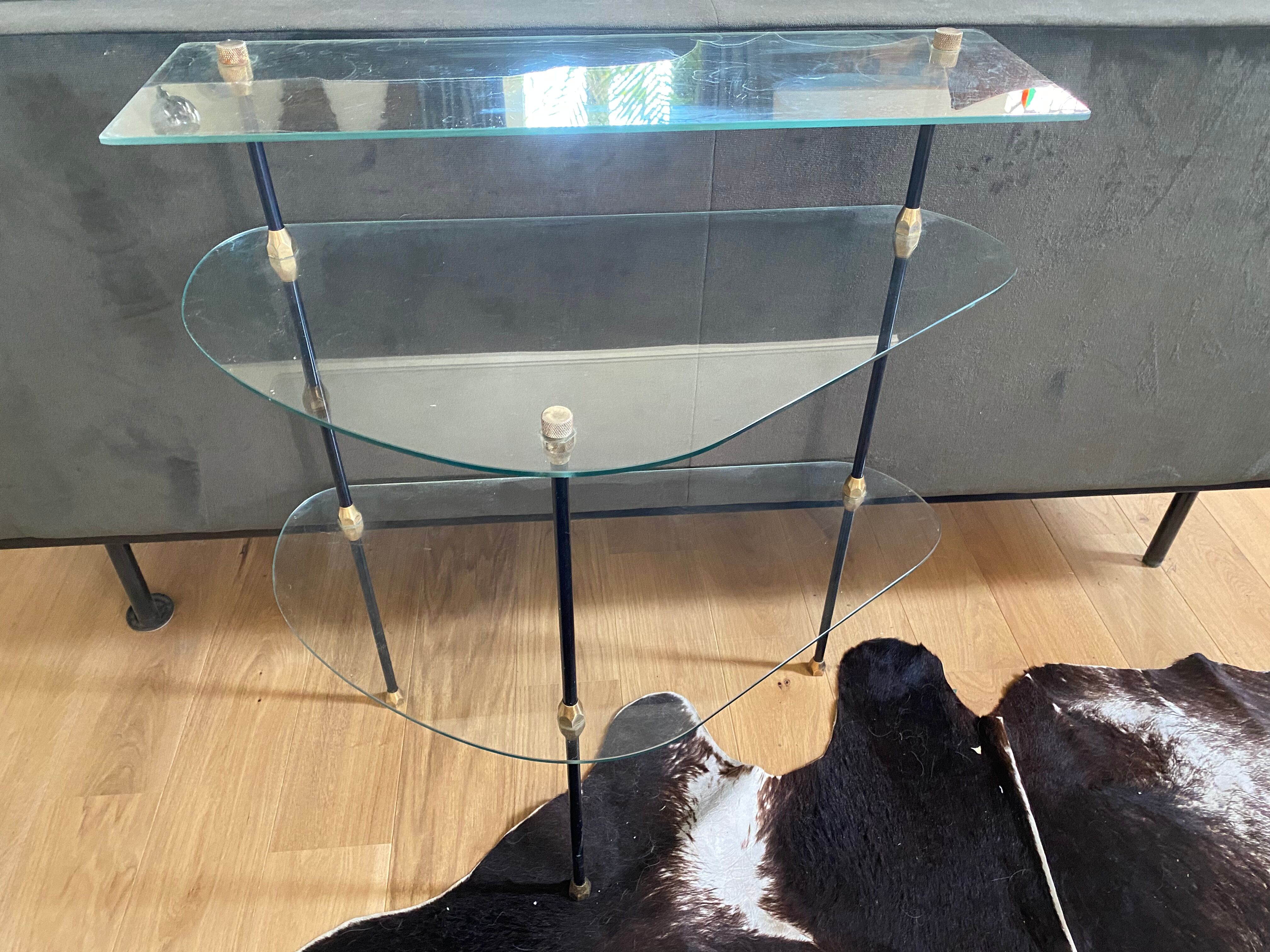 Glass and iron tripod console 1950